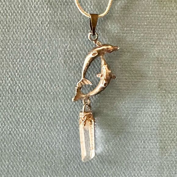 STERLING silver  double DOLPHIN  pointed quartz crystal Pendant necklace - Picture 10 of 12